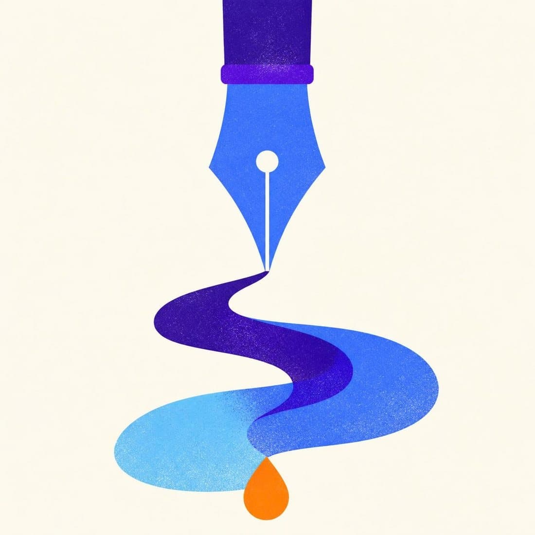 A fountain pen nib drawing a ribbon of ink that ends in an orange drop