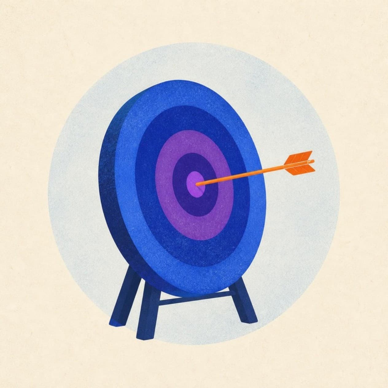 An archery target with an orange arrow in the bullseye