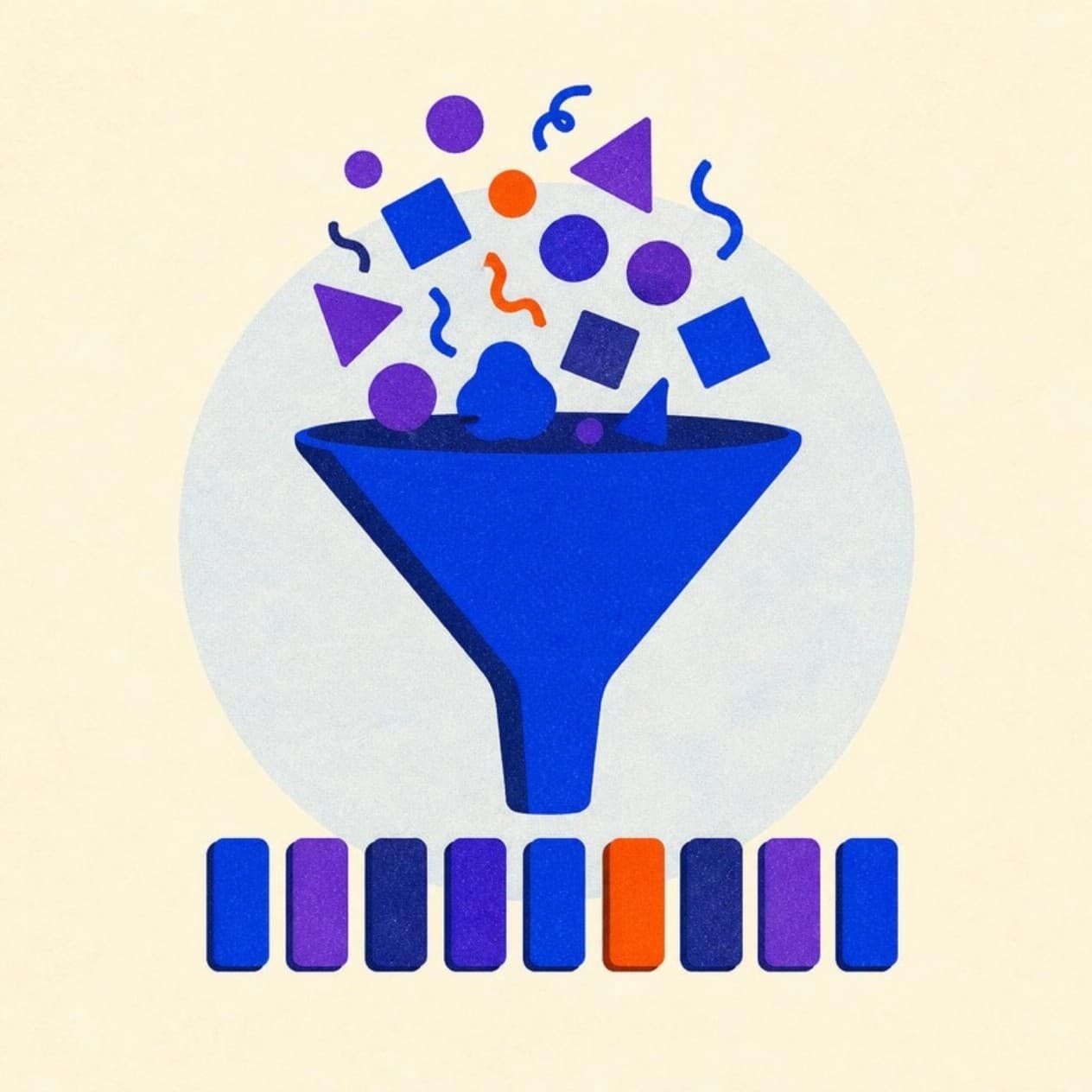 A funnel turning a tumble of loose shapes into a tidy row of blocks
